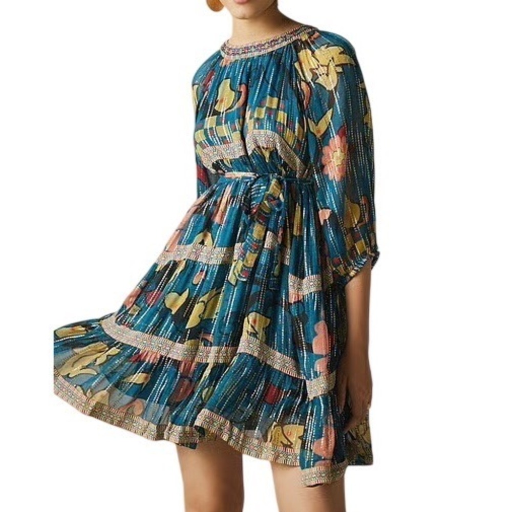 Verb by Pallavi Singhee Teal Multiprint‎ Lurex Boho Mini Dress M NEW party 14